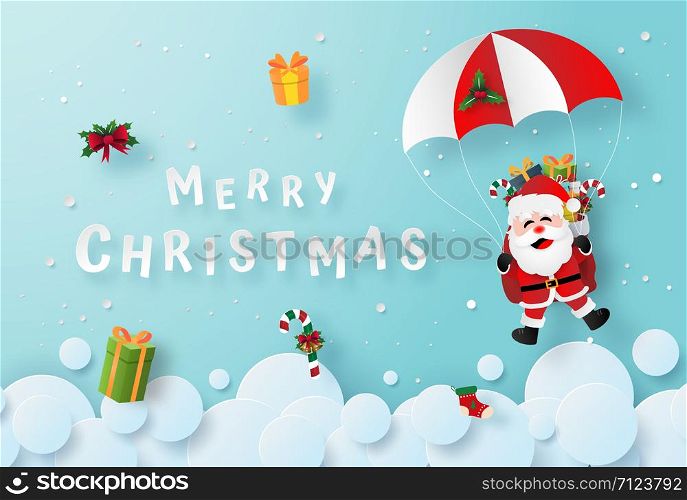 Origami paper art of Santa Claus make a parachute jump on the sky, Merry Christmas and Happy New Year
