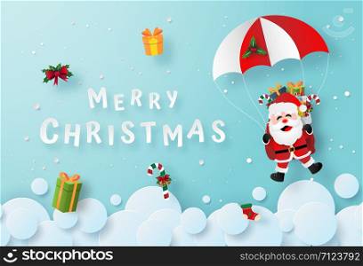 Origami paper art of Santa Claus make a parachute jump on the sky, Merry Christmas and Happy New Year