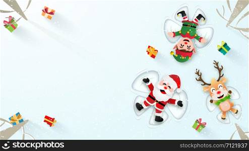 Origami paper art of Santa Claus , Reindeer and Elf make a snow angel, Merry Christmas and Happy New Year