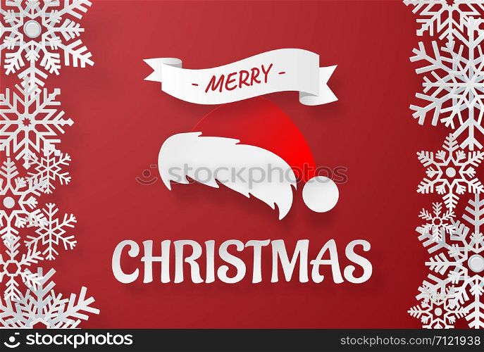 Origami paper art of Santa Claus's hat with snowflake on red background, Merry Christmas and Happy New Year