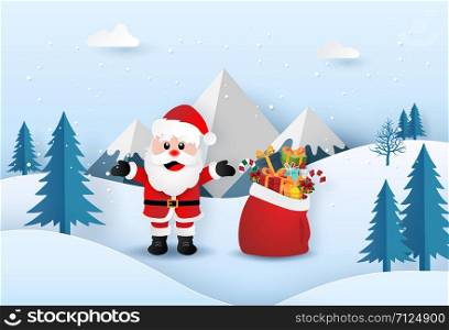Origami paper art of Santa Claus with Christmas gifts bag in the forest, Merry Christmas and Happy New Year