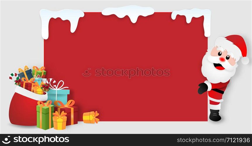 Origami paper art of Santa Claus with Christmas gifts, Copy space blank background, Merry Christmas and Happy New Year