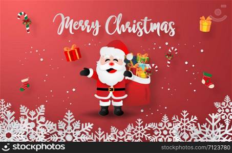 Origami paper art of Santa Claus with Christmas gifts, Merry Christmas and Happy New Year