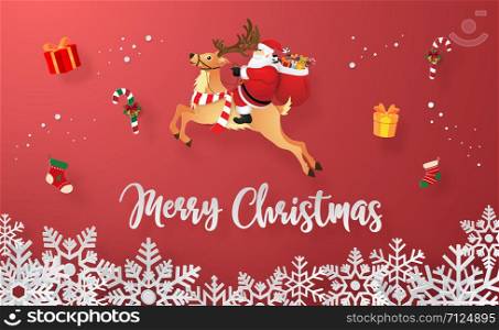 Origami paper art of Santa Claus with Christmas gifts, Merry Christmas and Happy New Year