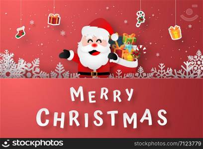 Origami paper art of Santa Claus with hanging gifts on Christmas postcard, Merry Christmas and Happy New Year