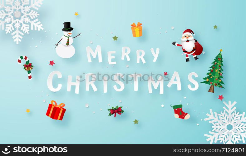 Origami paper art of Snow flake with Christmas gifts, Merry Christmas and Happy New Year