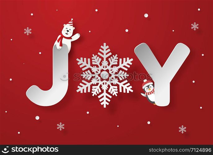 Origami paper art of Text JOY on red background, Merry Christmas and Happy New Year.ai