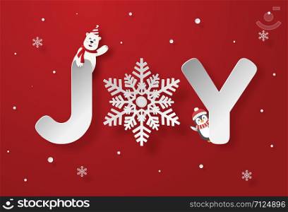 Origami paper art of Text JOY on red background, Merry Christmas and Happy New Year.ai