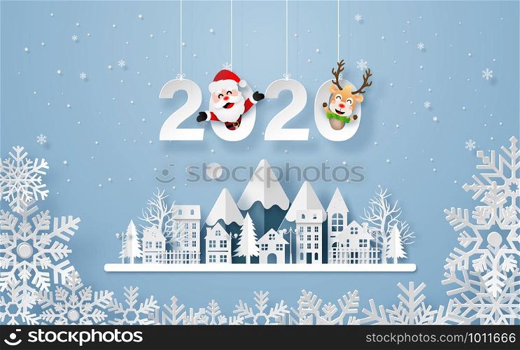 Origami paper art of Urban Countryside Landscape in winter season, Merry Christmas and Happy New Year