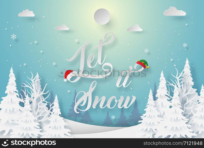 Origami paper art of Winter season Let it Snow, Merry Christmas and Happy New Year