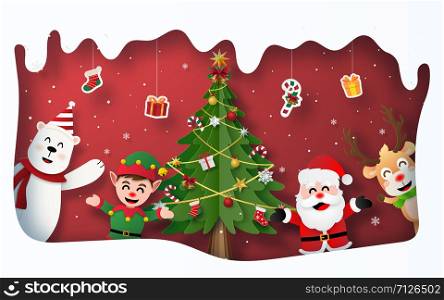 Origami paper art style, Christmas party with Santa Claus and Christmas tree and character in Snow frame, Merry Christmas and Happy New Year
