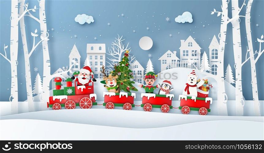 Origami paper art style, Christmas train with Santa Claus and friend in the village, Merry Christmas and Happy New Year