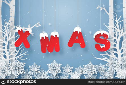 Origami paper art style, Hanging word XMAS in the forest with snowing, Merry Christmas and Happy New Year