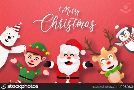 Origami paper art style, Paper texture postcard of Santa Claus and Christmas character, Merry Christmas and Happy New Year