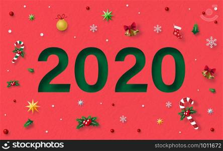 Origami paper art style, Paper texture red background postcard of Happy New Year 2020 with Christmas decoration
