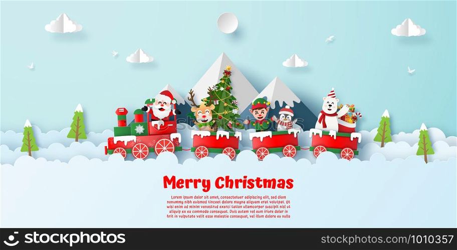 Origami paper art style, Postcard of Christmas party on the train with Santa Claus and Christmas character at the mountain, Merry Christmas and Happy New Year