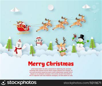 Origami paper art style, Postcard of Christmas party with Santa Claus on the sky, Merry Christmas and Happy New Year