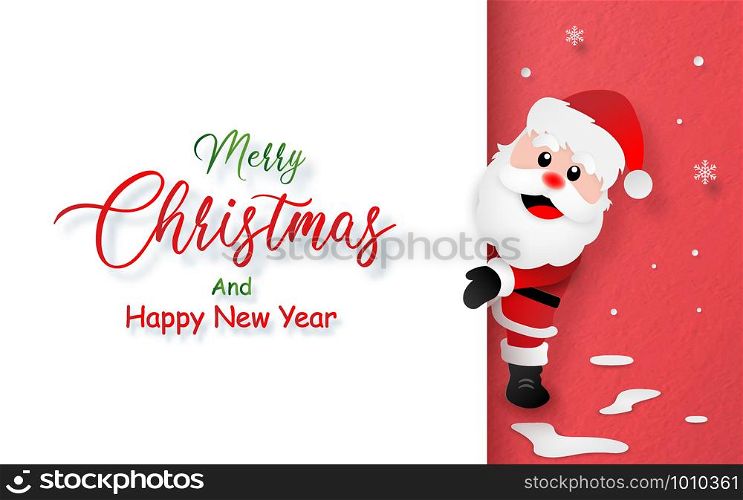 Origami paper art style, Postcard of Santa Claus with copy space, Merry Christmas and Happy New Year