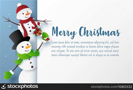 Origami paper art style, Postcard of Snowman with copy space, Merry Christmas and Happy New Year