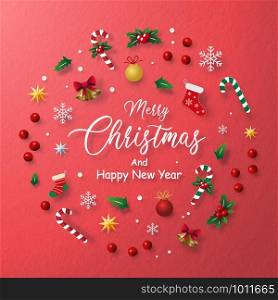 Origami paper art style, Red Background of Christmas decoration, Merry Christmas and Happy New Year