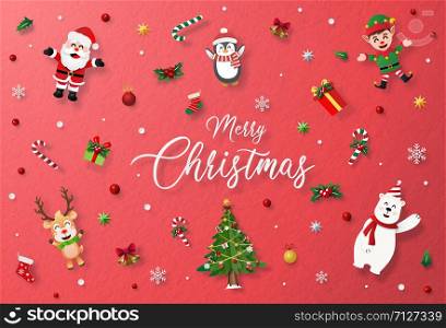 Origami paper art style, Red Background with Christmas character and decoration, Merry Christmas and Happy New Year