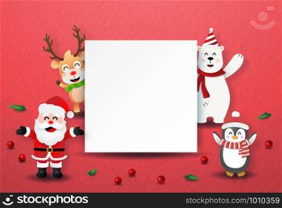 Origami paper art style, Santa Claus and Christmas character with blank labels copy space, Merry Christmas and Happy New Year
