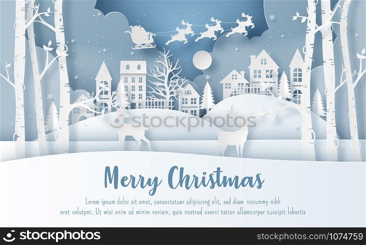 Origami paper art style, Santa Claus at the village in Christmas day, Merry Christmas and Happy New Year