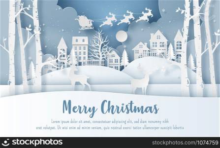 Origami paper art style, Santa Claus at the village in Christmas day, Merry Christmas and Happy New Year