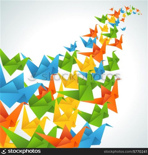 Origami paper birds flight abstract background.