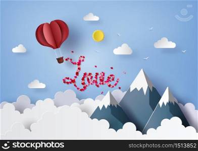 Origami red heart hot air balloon flying on blue sky , paper art concept of valentine&rsquo;s day and wedding