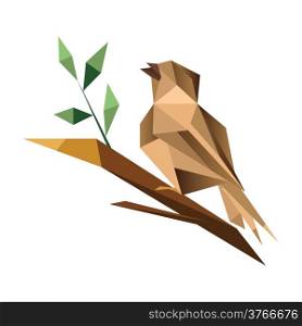 Origami sparrow isolated on white background sitting on branch with green leaves