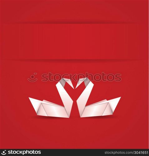 Origami swans on red background. Origami, white folded paper swans on red background.