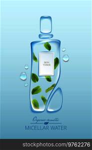 Original advertising poster design with water drops and liquid packaging silhouette for catalog, magazine. Cosmetic package.Moisturizing toner, micellar water with mint extract
