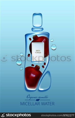 Original advertising poster design with water drops and liquid packaging silhouette for catalog, magazine. Cosmetic package.Moisturizing toner, micellar water with garnet extract
