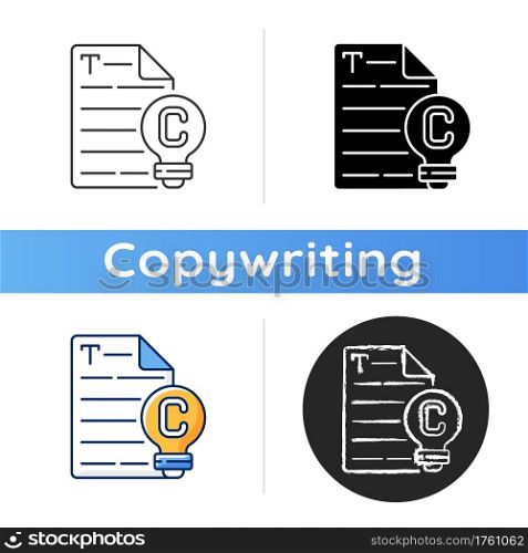 Original content icon. Engaging text for e commerce. Copywriting services. Professional report. Writing marketing article. Linear black and RGB color styles. Isolated vector illustrations. Original content icon