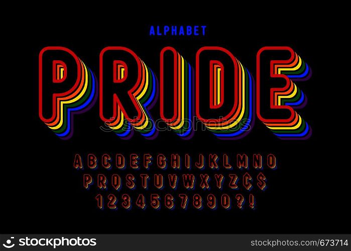 Original display rainbow font design, alphabet, letters and numbers. Swatch color control. Original display rainbow font design, alphabet, letters