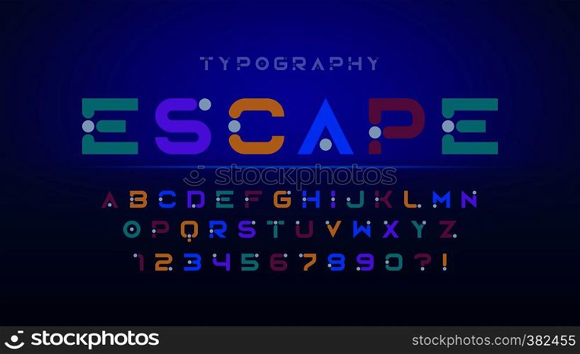Original futuristic display font design, alphabet and numbers. Color swatches control. Original futuristic display font design, alphabet and numbers.