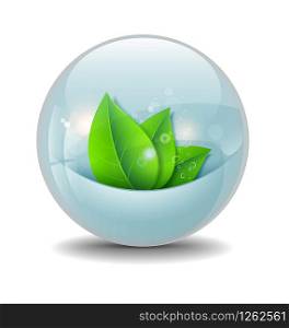 Original illustration of waterball with stylized green leaves. Waterball with stylized green leaves
