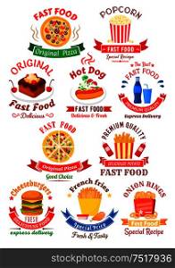 Original italian pizza, hot dog and double cheeseburger, takeaway boxes of french fries, popcorn and onion rings, chocolate cake with cream and sweet soft beverages symbols for fast food cafe or pizzeria design, decorated by ribbon banners and stars. Fast food cafe or pizzeria badges design