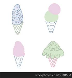 Original patterned ice cream set. Design for T-shirt, textile and prints. Hand drawn vector illustration for decor and design.