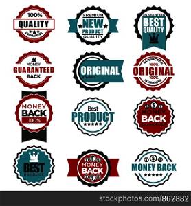 Original quality guarantee labels or logo templates for best product tags. Vector isolated star icons and ribbons for 100 percent money back and satisfaction guaranteed. Original quality guarantee labels templates for best product tags vector icons