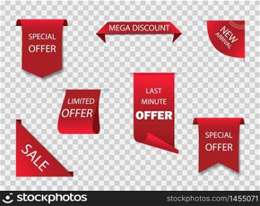Original red ribbon or label for offer sale. New design of sale tag, stickers. Premium ribbon for discount of retail price. Sticker banner on isolated background. vector eps 10. Original red ribbon or label for offer sale. New design of sale tag, stickers. Premium ribbon for discount of retail price. Sticker banner on isolated background. vector illustration
