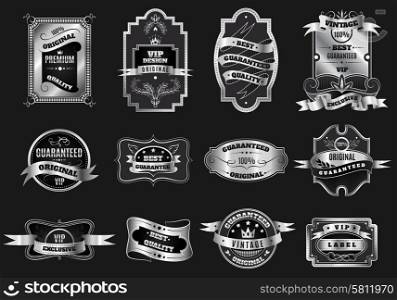 Original retro best quality old fashioned silver on black emblems pictograms set abstract graphic vector isolated illustration. Retro original silver emblems labels collection