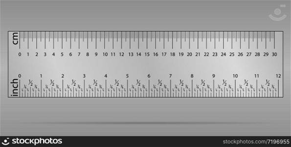 Original Ruler. Centimetre and Inches Measuring tool, Graduation grid, flat vector illustration. Size indicator units, Measure tape isolated on background.