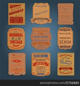Original vintage blue raw jeans genuine leather exclusive brands classic decorative labels collection abstract isolated vector illustration. Leather classic denim jeans labels set