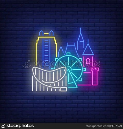 Orlando city buildings and Disneyland neon sign. Sightseeing, tourism, travel design. Night bright neon sign, colorful billboard, light banner. Vector illustration in neon style.