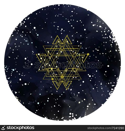 Ornament card with mandala on watercolor starry sky with Milky Way. Geometric element. Sacred Geometry. Bright pattern. Vector. Sacred Geometry on watercolor starry night sky