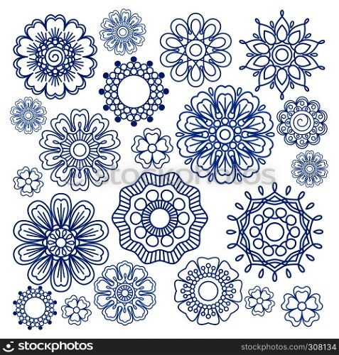 Ornament flower doodle vector blue elements on white. Ornament elements