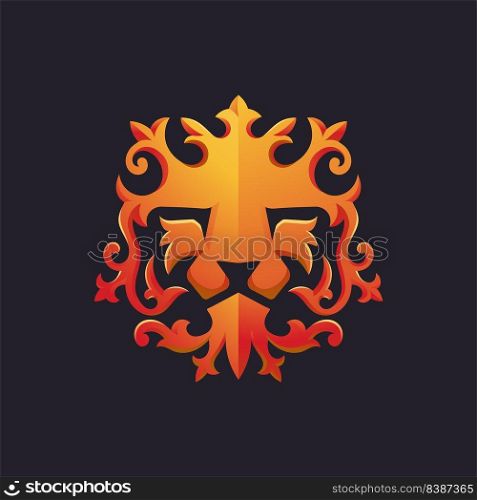 Ornament gold Lion Head mascot vector illustration, Elegant Golden Lion ornament logo design