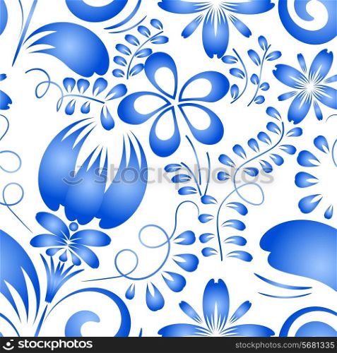 Ornament of blue flowers on a white seamless background. Gzhel. Vector illustration.